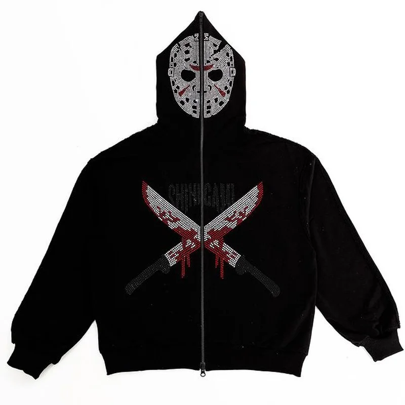 Punk Gothic Full Zip Up Hoodies Rhinestones Print Loose Y2k Streetwear Hoodie
