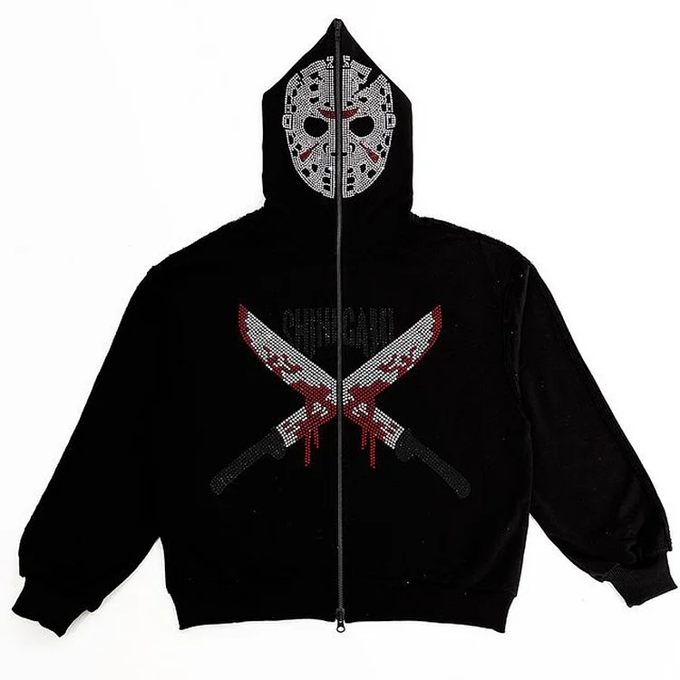 Punk Gothic Full Zip Up Hoodies Rhinestones Print Loose Y2k Streetwear Hoodie at Hiphopee