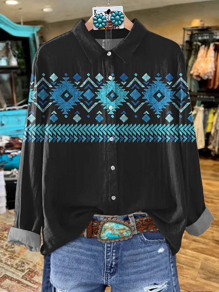 Women's Black and Blue Aztac Print Casual Cotton Shirt