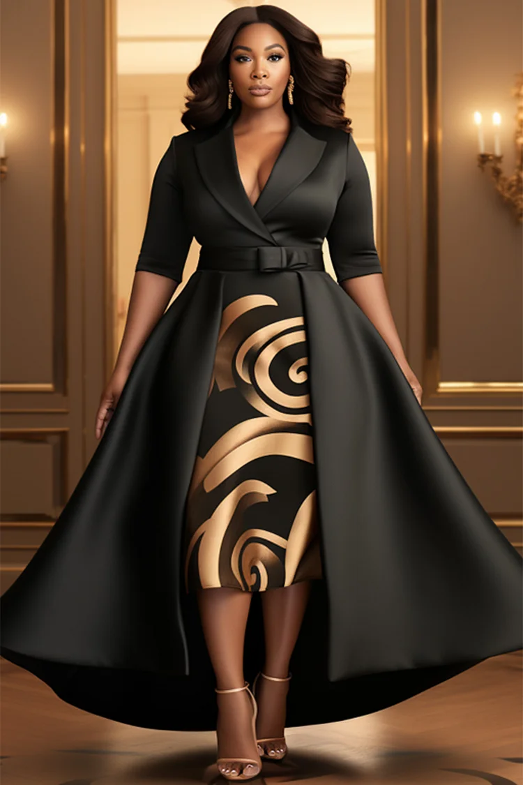 Xpluswear Design Plus Size Formal Black Wrap Neck Half Sleeve With Skirt Overlay Elegant Satin Midi Dresses [Pre-Order]