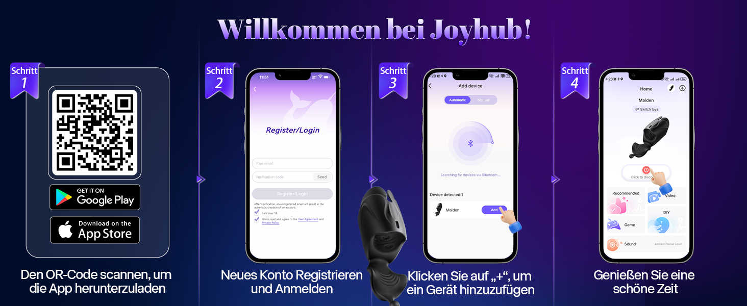 Mobile app UI screenshots showing dark blue screens with QR codes and various menu options and navigation elements.