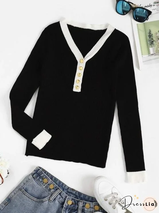 Ribbed Button Placket Bicolor Sweater