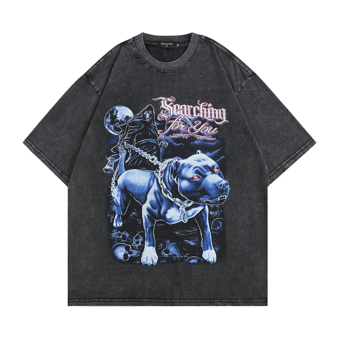 Hip Hop Streetwear Skull Dog Print Men's Oversized Vintage T-shirts-VESSFUL