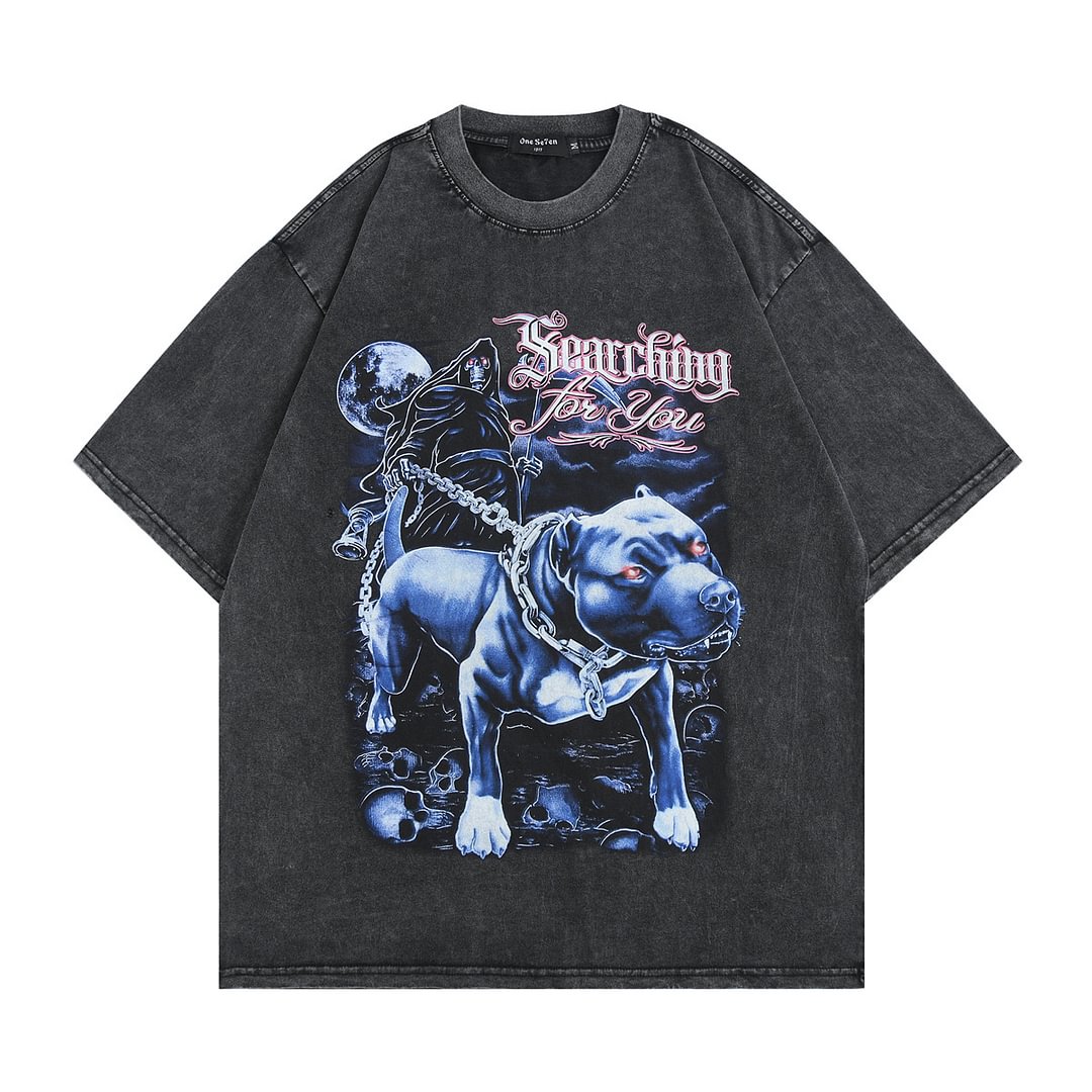 Hip Hop Streetwear Skull Dog Print Men's Oversized Vintage T-shirts-VESSFUL