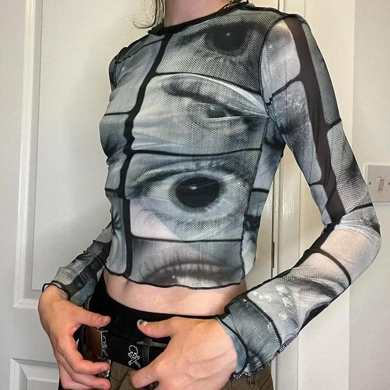 Uveng Uveng Autumn New T-Shirt Ins Personality Street Eye Print Slim Mesh