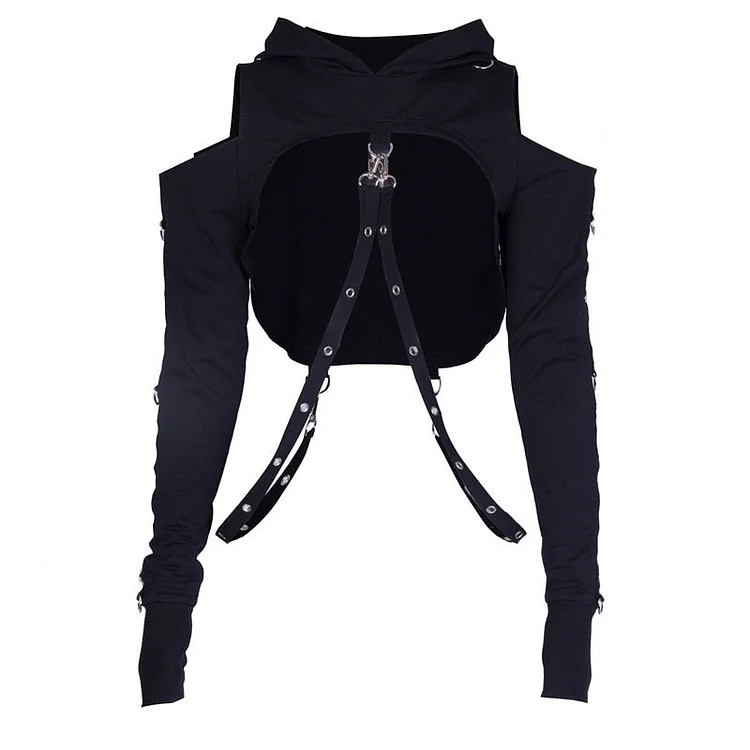 InsDoit Streetwear Gothic Sexy Hollow Out Black Hoodies Harajuku Punk Long Sleeve Crop Hoodies Women Hip Hop Belt Autumn Hoodies