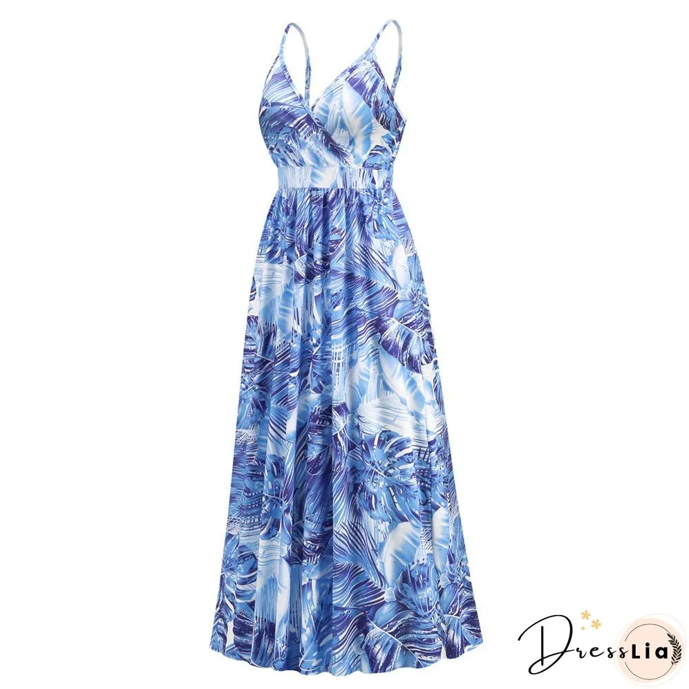 Bohemian print maxi dress sexy V-neck slip dress