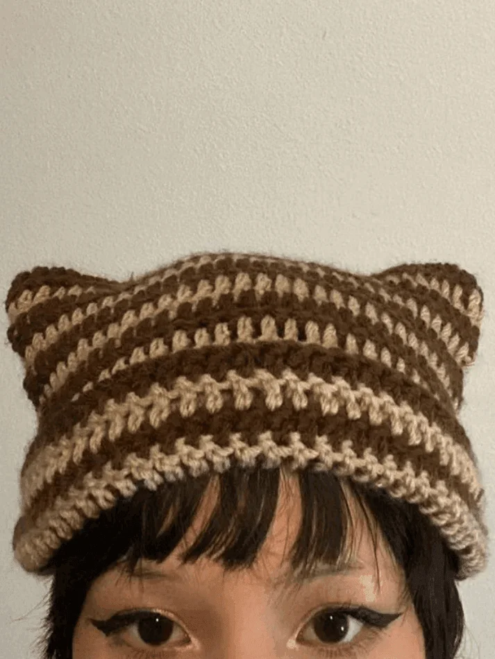 Brownm Hand Made Horn Detail Striped Knitted Hat