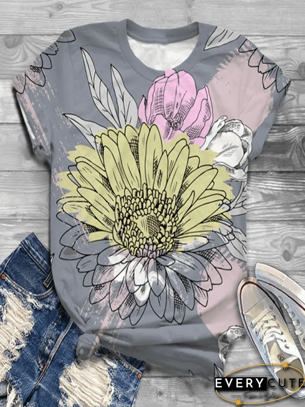 Women Vintage Short Sleeve Statement Floral Printed Crew Neck Plus Size Casual Tops