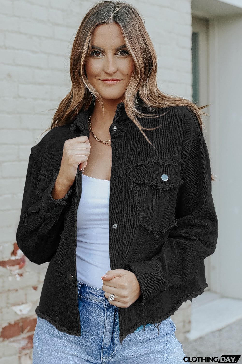 Distressed Flap Pockets Frayed Hemline Denim Jacket