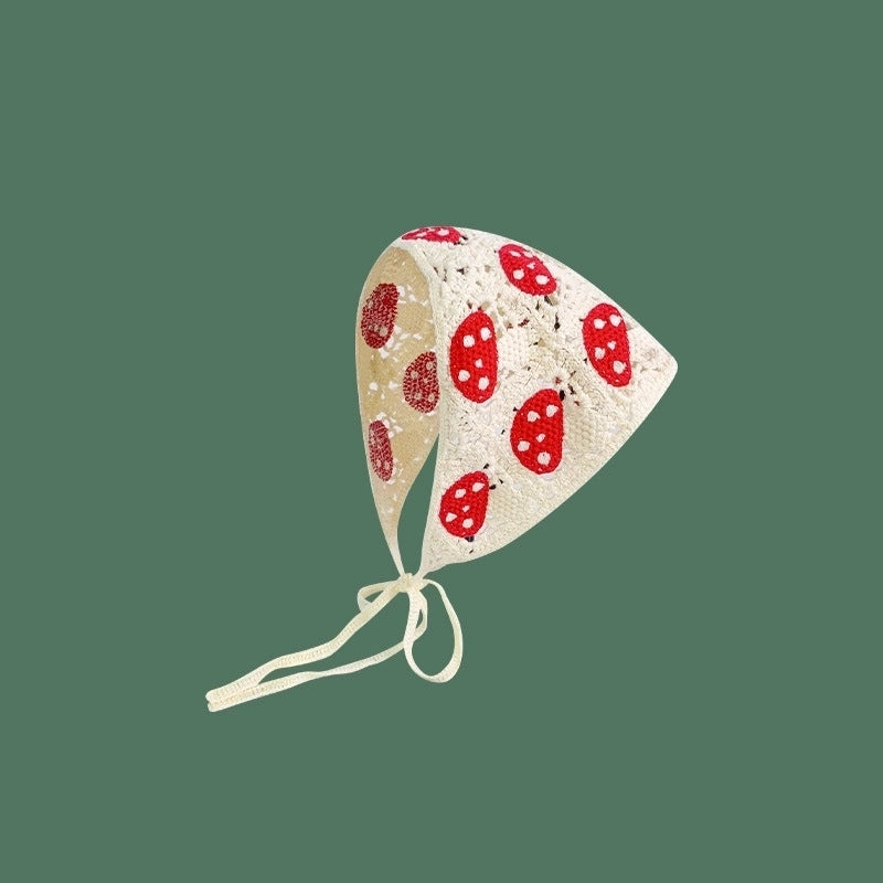 Sweet Handmade Mushroom Strawberry Crocheted Scarf French Triangle Scarf Closed Toe Women’s Net Red Knitted Hair Band Headband