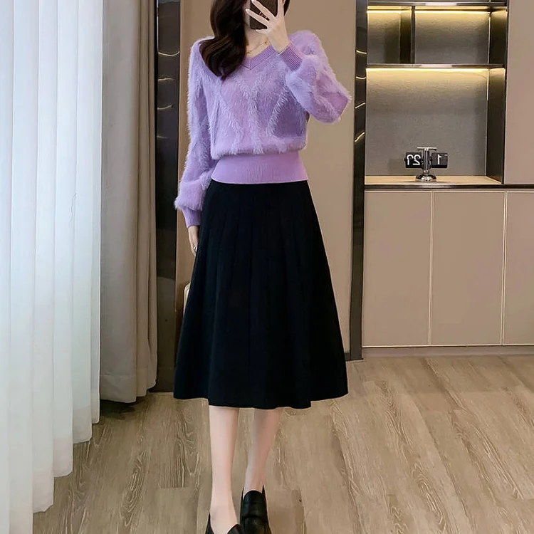 美人度アップ Ｖネック 長袖 配色 トップス+スカート 2点セットアップ