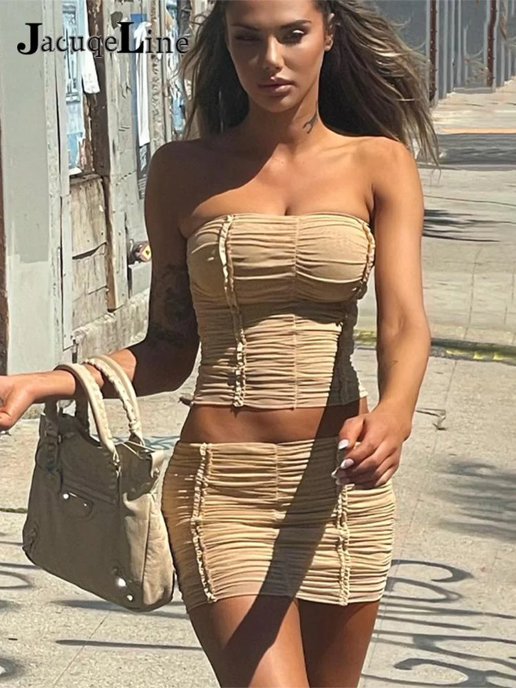 Jacqueline Summer Sexy See Through Beach Mesh Two Piece Sets Womens Outifits 2022 Tube Top Mini Skirts Sets Party Club Dress Set