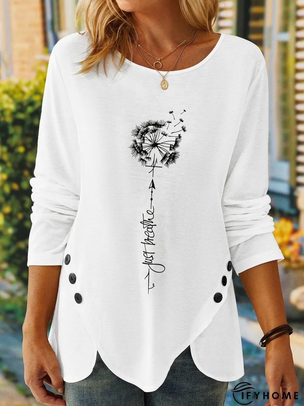 Casual Dandelion Long Sleeve Crew Neck Printed Tunic Top T-shirt | IFYHOME