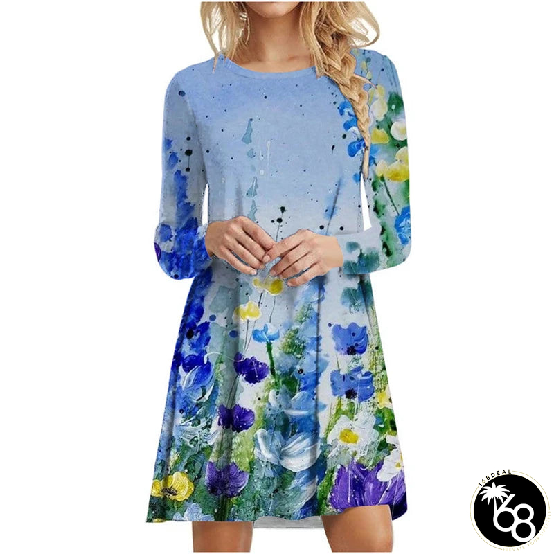 Women's Polyester O-Neck Long Sleeves Mini Casual Floral Dress | 168DEAL