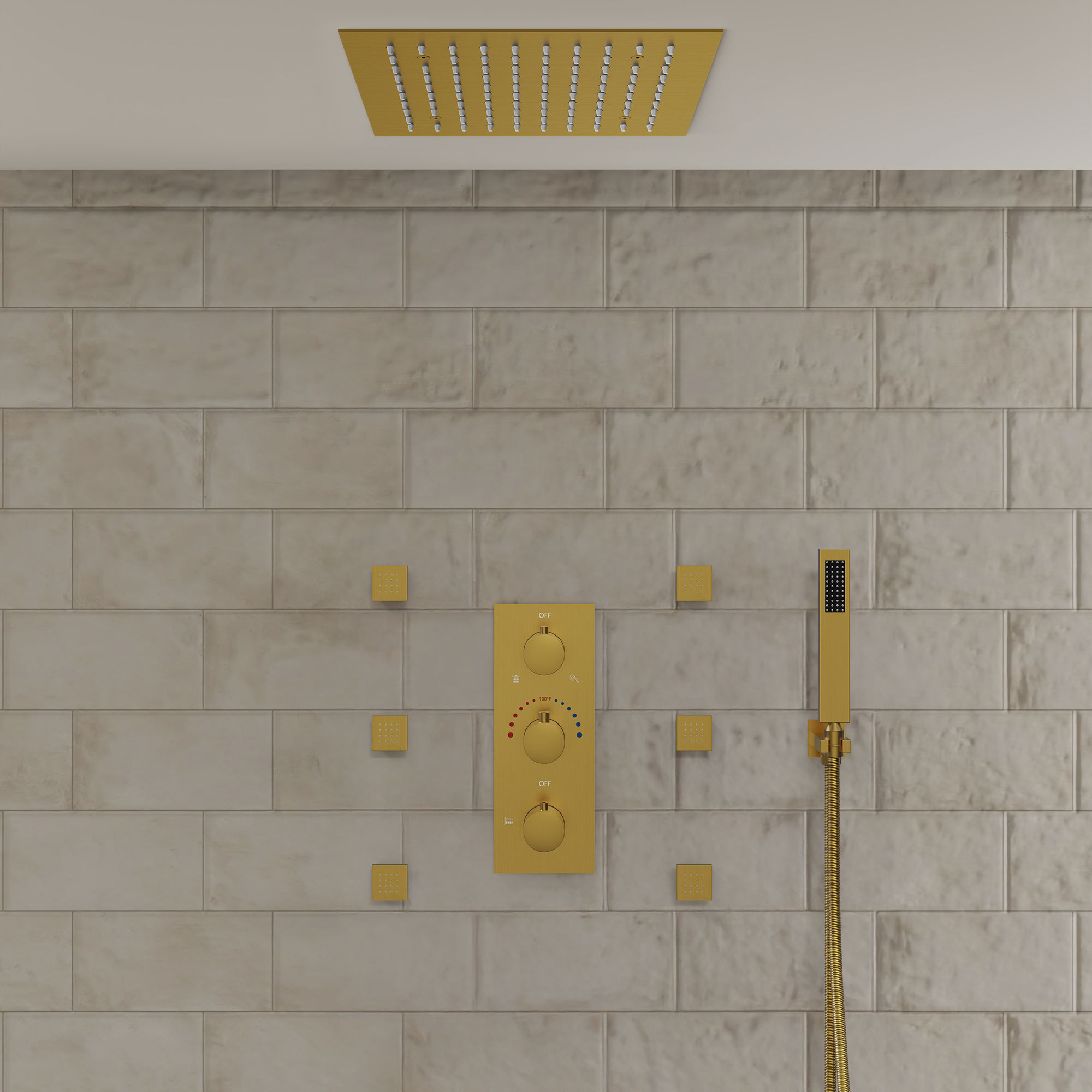 12 Inch Luxury LED Thermostatic Shower System Ceiling Mounted Rainfall Shower Faucet Set with 6 Massage Body Jets and Handheld Sprayer, Brushed Gold