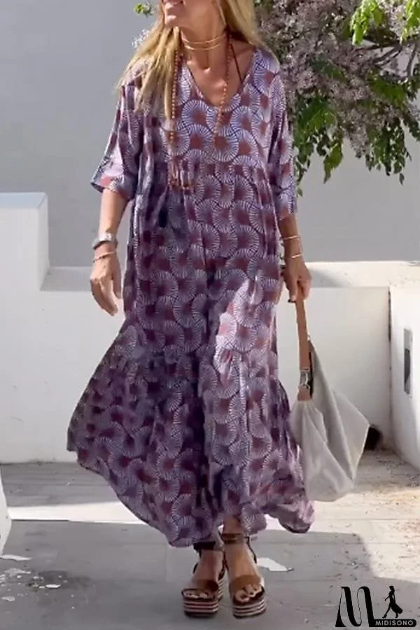 MidiSono - Ibiza Fashion Print Loose V Neck Long Sleeve Long Dress