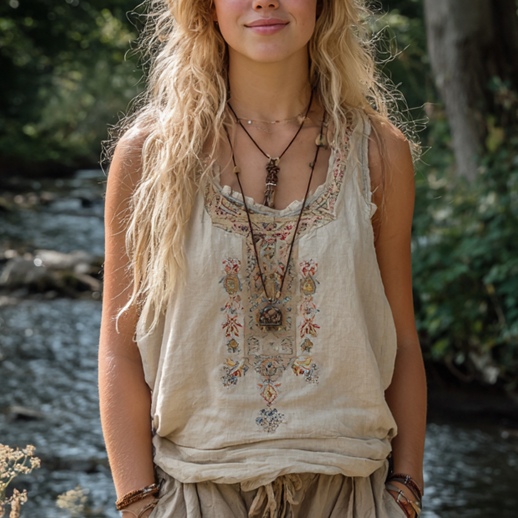 Bohemian Women's Printed Linen Sleeveless Tank Top Casual Camisole