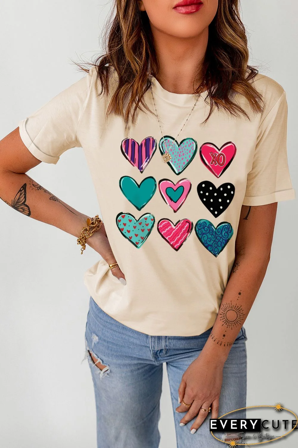 Khaki Valentines Multi Pattern Heart Print T Shirt