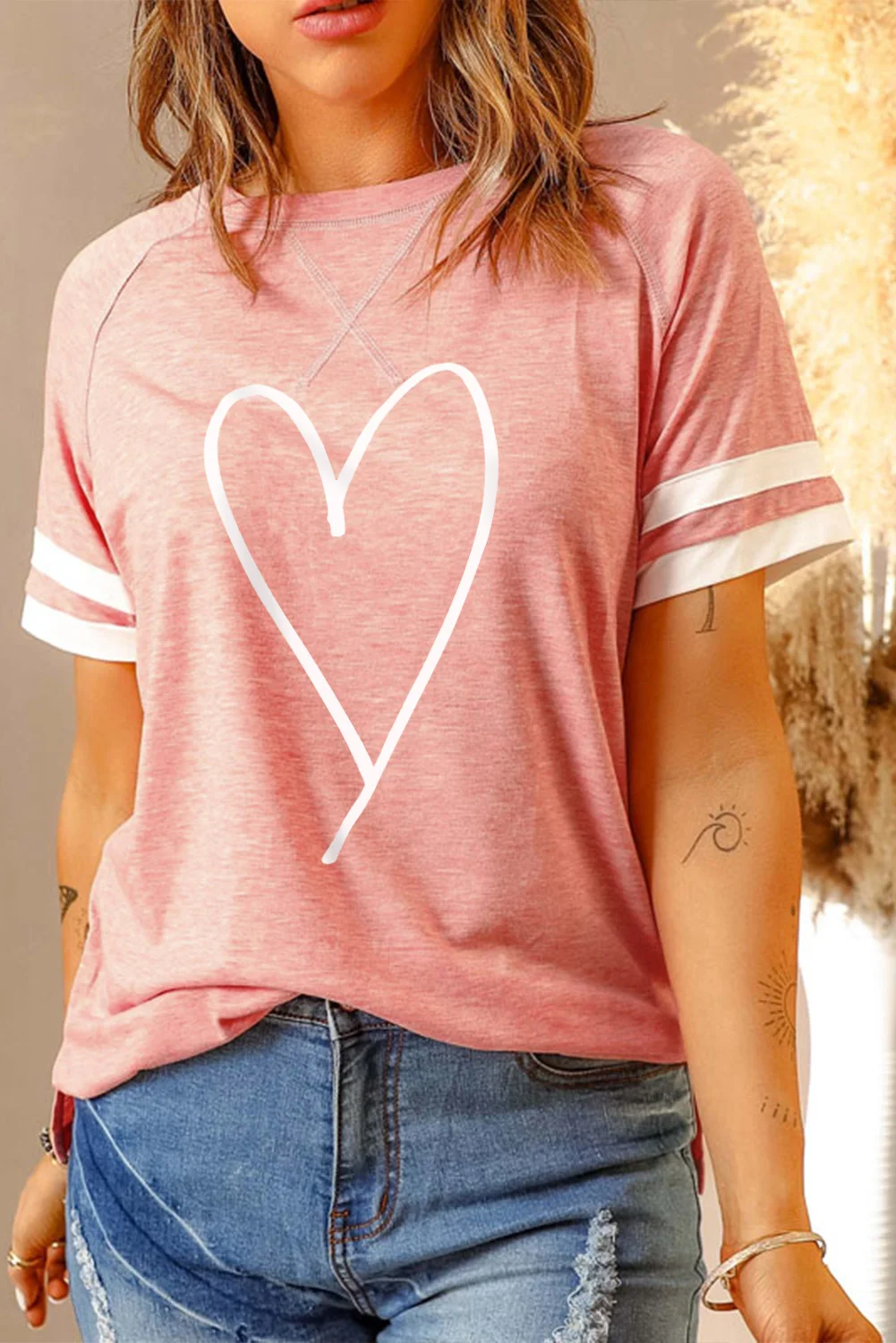 Pink Sketch Heart Print Striped Short Sleeve Tee