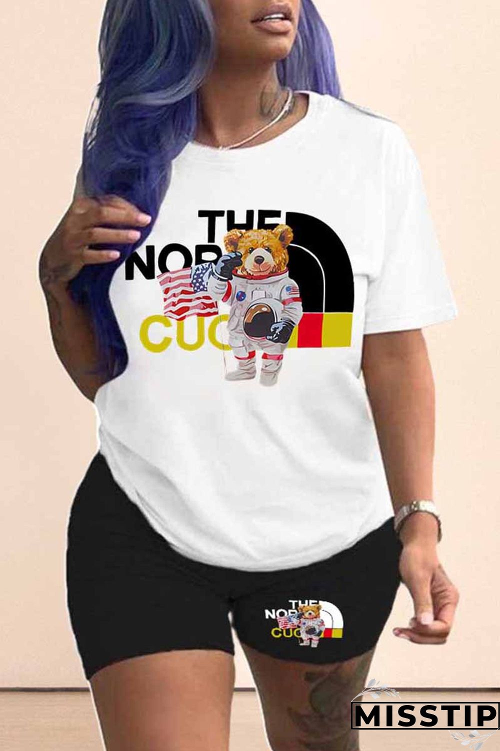 Black And White Casual Street Print Letter O Neck Plus Size Two Pieces