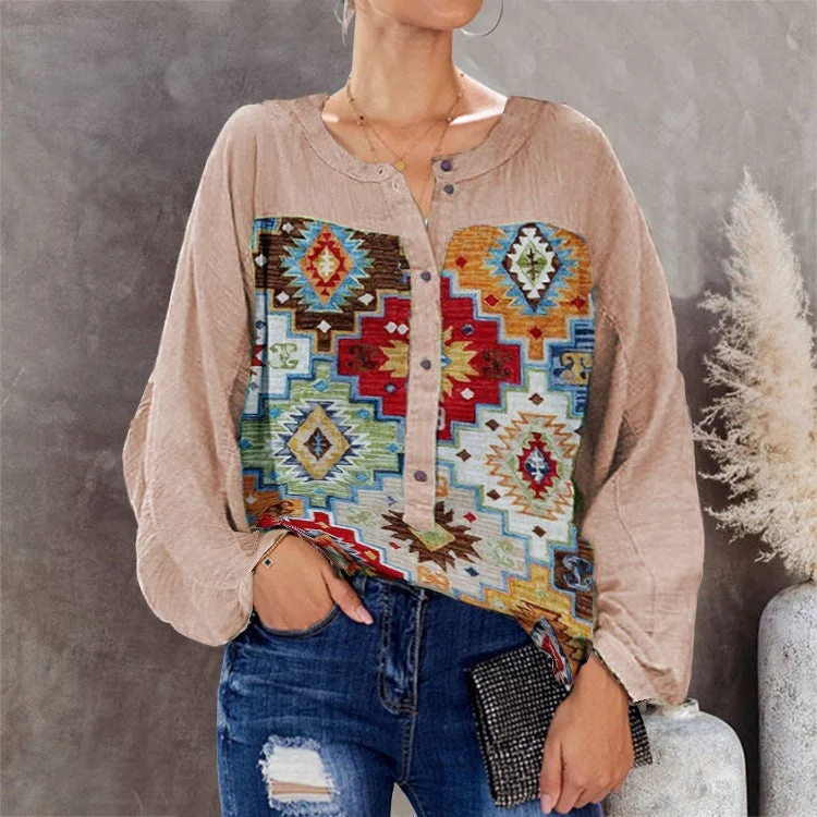 Women's Shirt Round Neck Shirt Button Retro Rrinting Long-sleeved