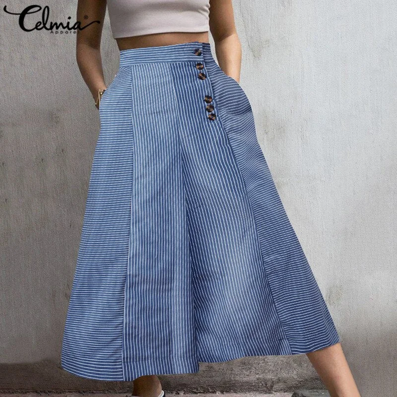 Celmia 2022 Fashion Striped Trousers Women White Wide Leg Pants Summer High Waist Pocket Casual Office Pantalon Elegant Palazzo
