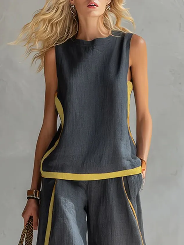 Cotton And Linen Casual Color Block Crew Neck Tank Top mysite idetrend