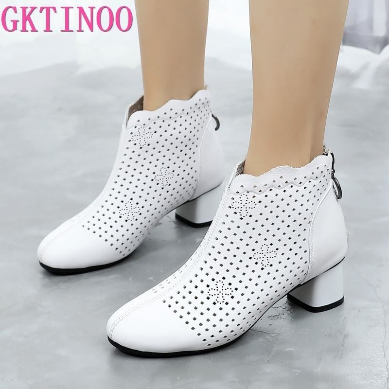 GKTINOO 2021 Summer Ankle Boots Genuine Leather Shoes Women Med High Heel Back Zipper Boots Cutout breathable Mujer Zapatos