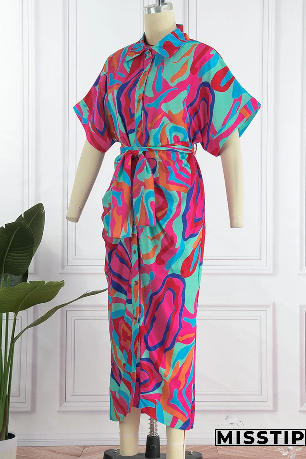 Blue Fashion Casual Print Patchwork Turndown Collar Shirt Dress