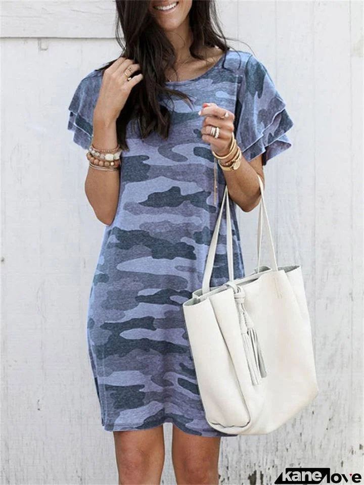 Female Crewneck Camo Printed Short Sleeve Loose Dresses