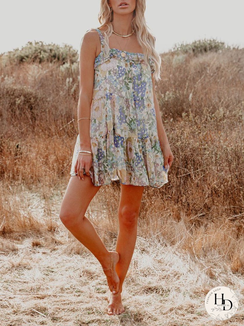 Chiffon Printed Sling Beach Mini Dress for Women