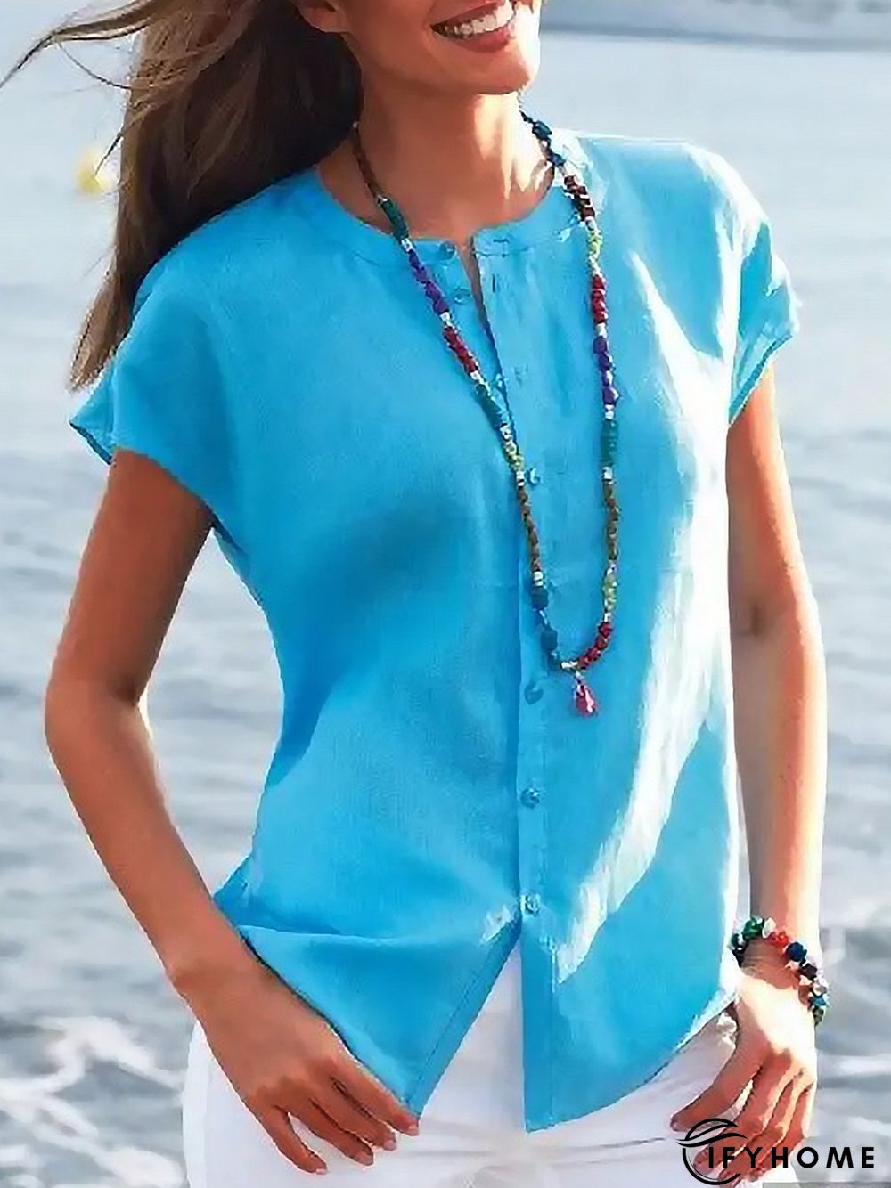 Plain Short Sleeve Casual Buckle Blouse | IFYHOME