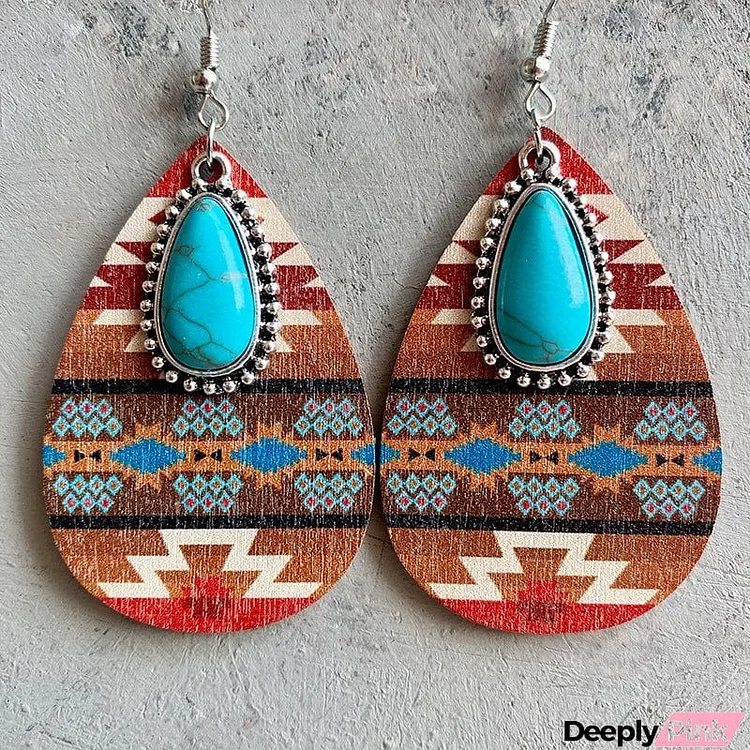 Turquoise Teardrop Shape Wooden Dangle Earrings