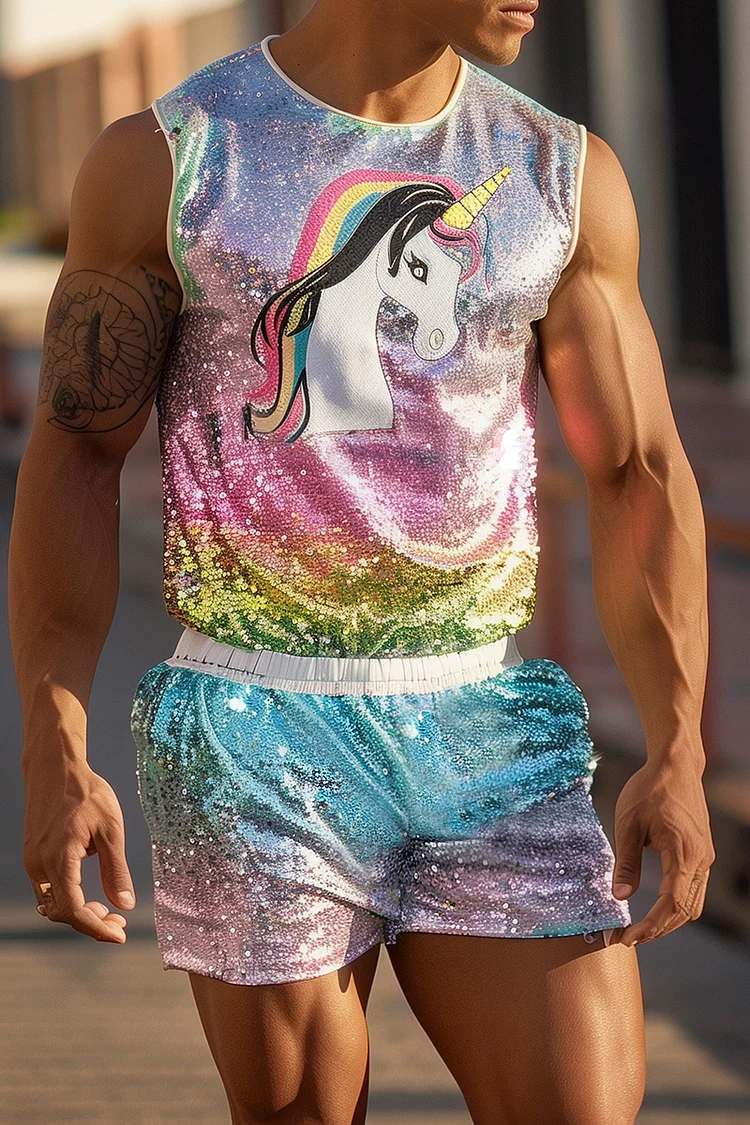 Ciciful Rainbow Gradient Print Sequin Festival Tank Top Shorts Two Piece Set