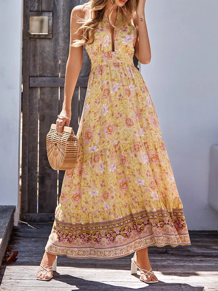 Bohemia Style Printed Casual Halter Maxi Dress