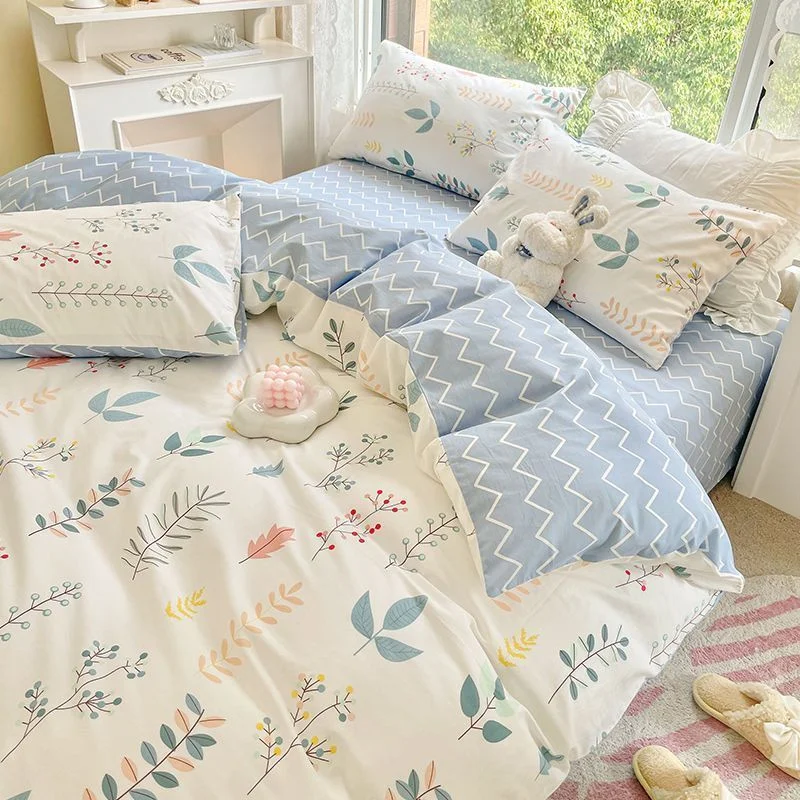 Aonga Cream Green Floral Duvet Cover Set No Filler Ins Style Full Size Girls Boys Flat Sheet Pillowcase Bedspread Cute Kawaii Bedding aonga