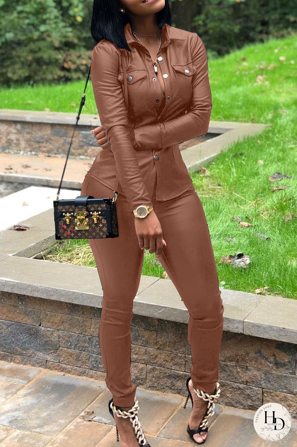 Wine Red Elastic Fly Long Sleeve Mid Print Patchwork pencil Pants