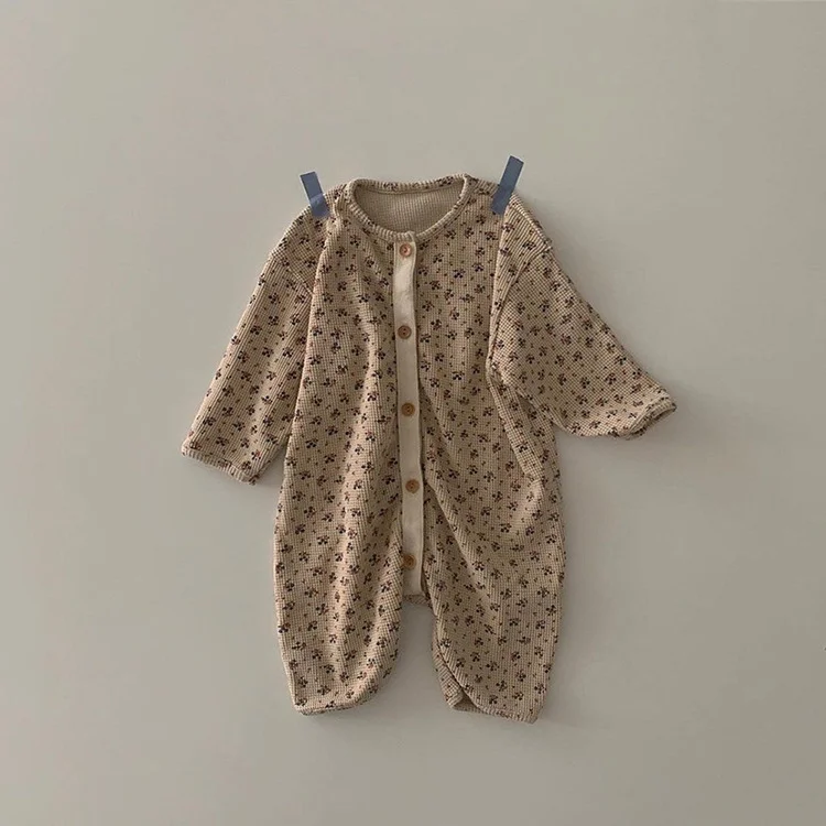 Baby Girl Allover Floral Print Button Up Long Sleeve Romper