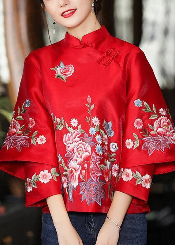 Boutique Red Stand Collar Embroideried Patchwork Button Shirts Long Sleeve