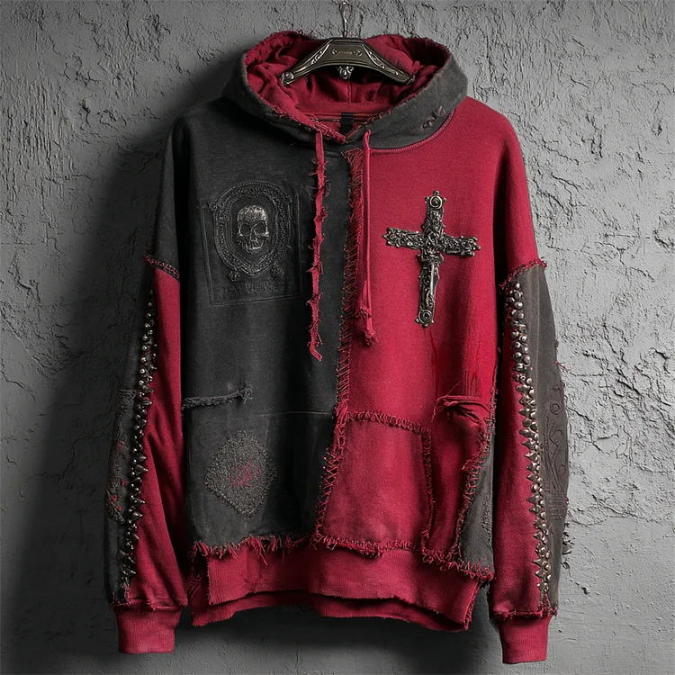 Dark Rock Skull & Crossbones Men's Patchwork Hoodie