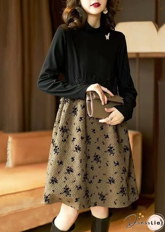 Vogue Black Turtleneck Lace Patchwork Maxi Dress Fall