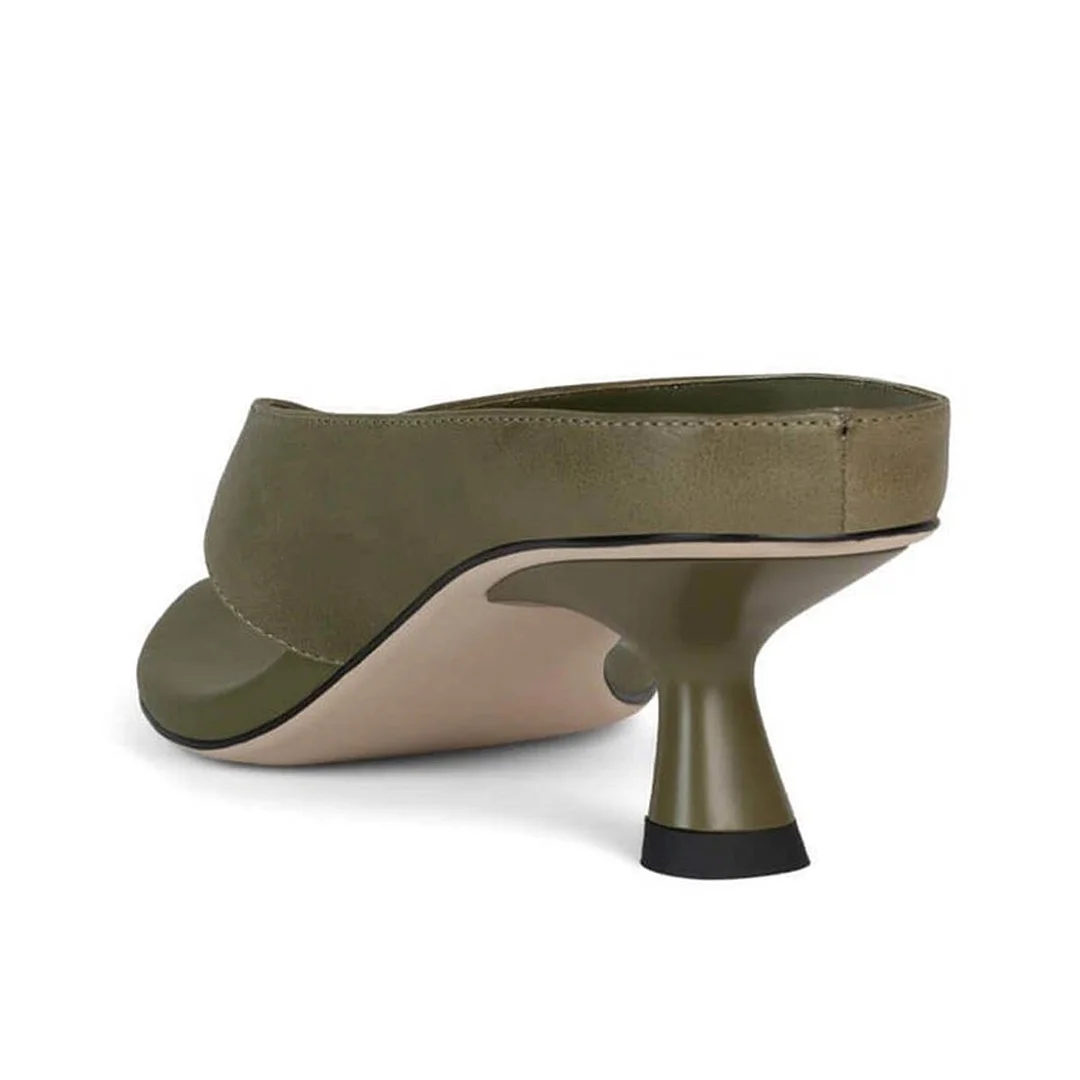 YDN Simple Olive Vegan Leather Spool Heel Open Toe Mules Sandals