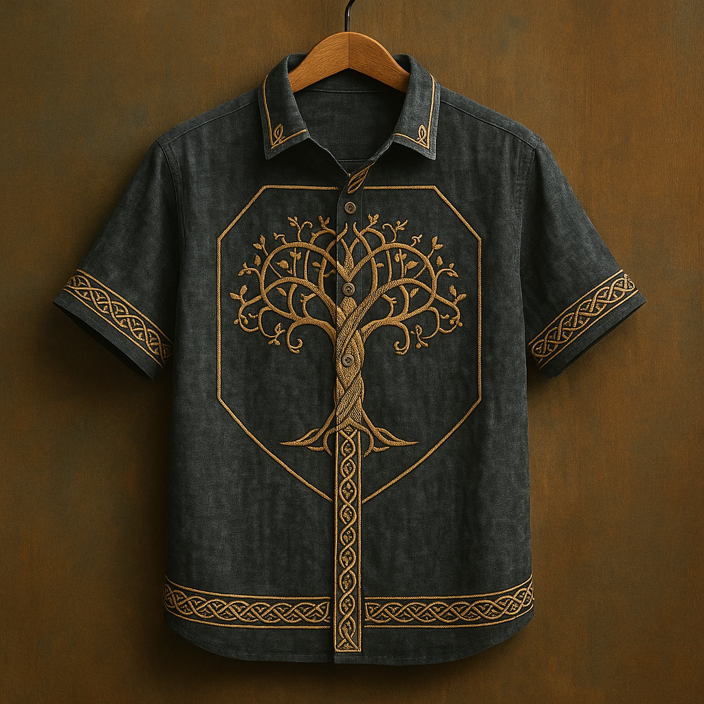 Viking Mythology Tree Of Life Retro Knot Art Men's Hawaiin Linen Shirt / Rvogue / Rvogue