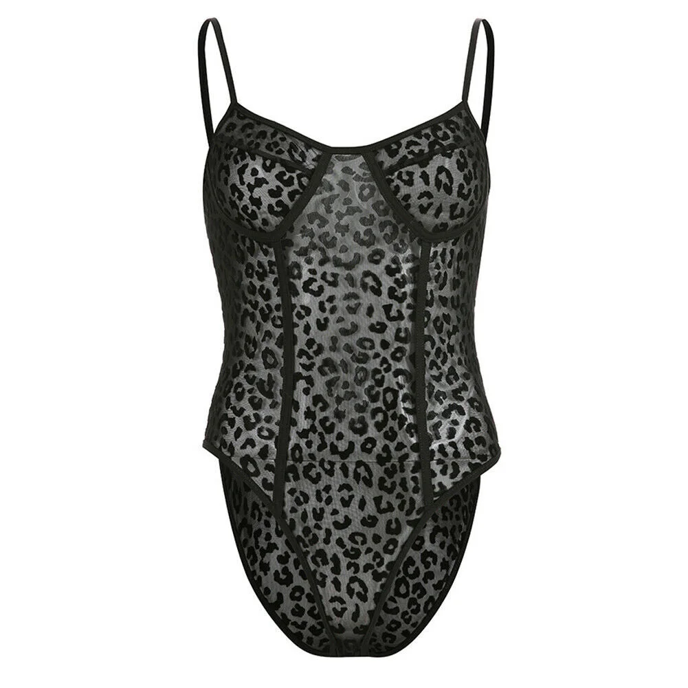 Sexy Women Lace Leopard Print See-through Mesh Strappy Bodysuit Stretch Playsuit Party