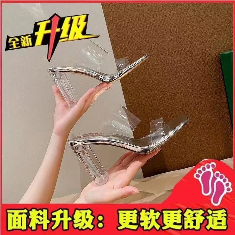 Breakj Breakj Transparent High-Heeled Women 2025 Summer Fashion New Word With High-Heeled Slippers Crystal And Coarse Heel Sandals
