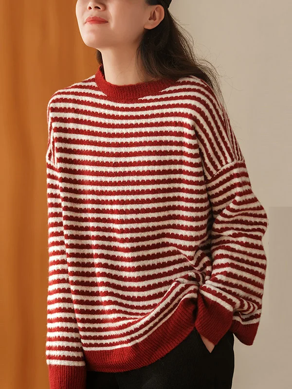 Casual Loose 4 Colors Striped Round-Neck Long Sleeves Sweater Top