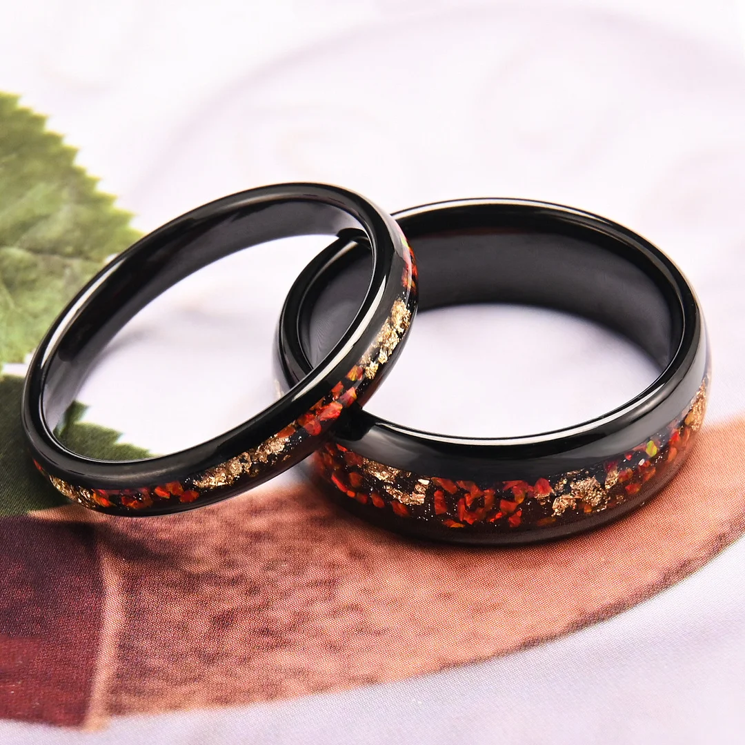 8MM Electroplated Black Tungsten Carbide Rings with Red Opal Foil Wedding Bands For Women and Men