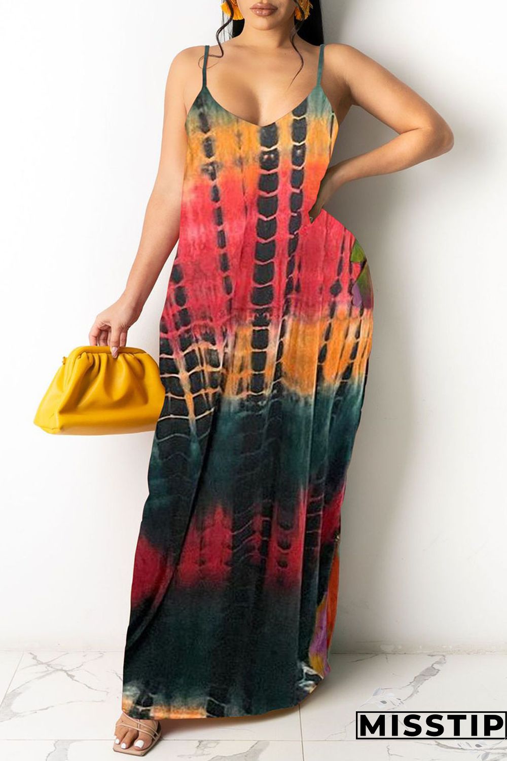 Dark Green Casual Off The Shoulder Sleeveless Slip Swagger Floor-Length Print Patchwork
