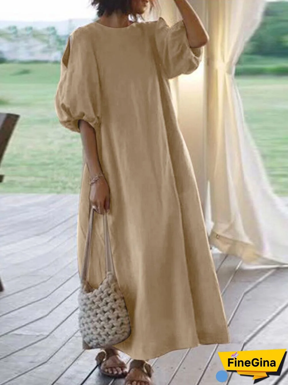 Solid Color Half Puff Sleeve O-neck Maxi Dress